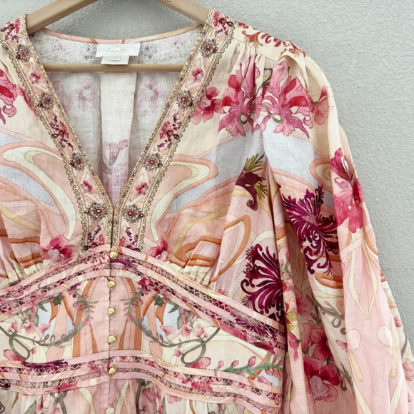 Camilla Shaped Waistband Maxi Dress Blossoms Brushstrokes Linen Romantic Pink L - Picture 8 of 16